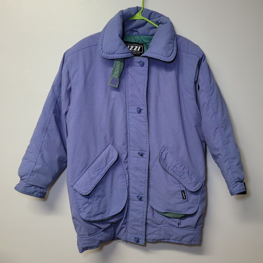 Vintage Izzi Blue Jacket Padded Shoulders Zip Button Heavy Periwinkle Teal M
